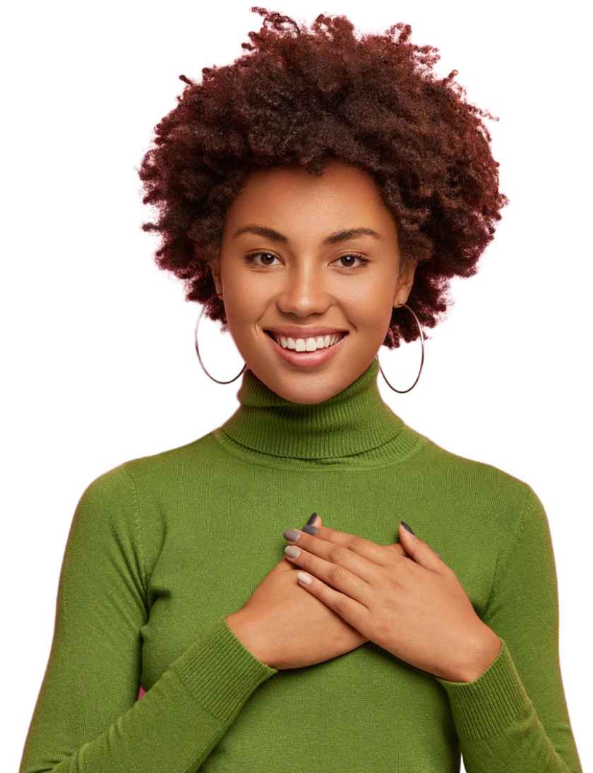 photo black woman smiling with hands on chest